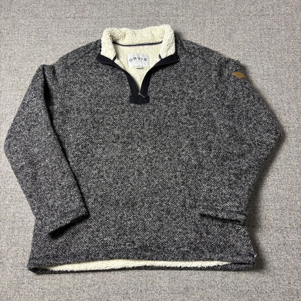 Orvis Pullover Men L Classic Collection Charcoal White Quarter Zip Fleece Lined